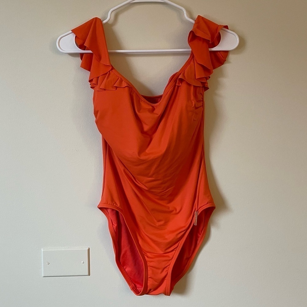 Vince‎ Camuto Swim Nylon Bandeau Orange Tangerine Ruffle Shoulder One Piece Swim